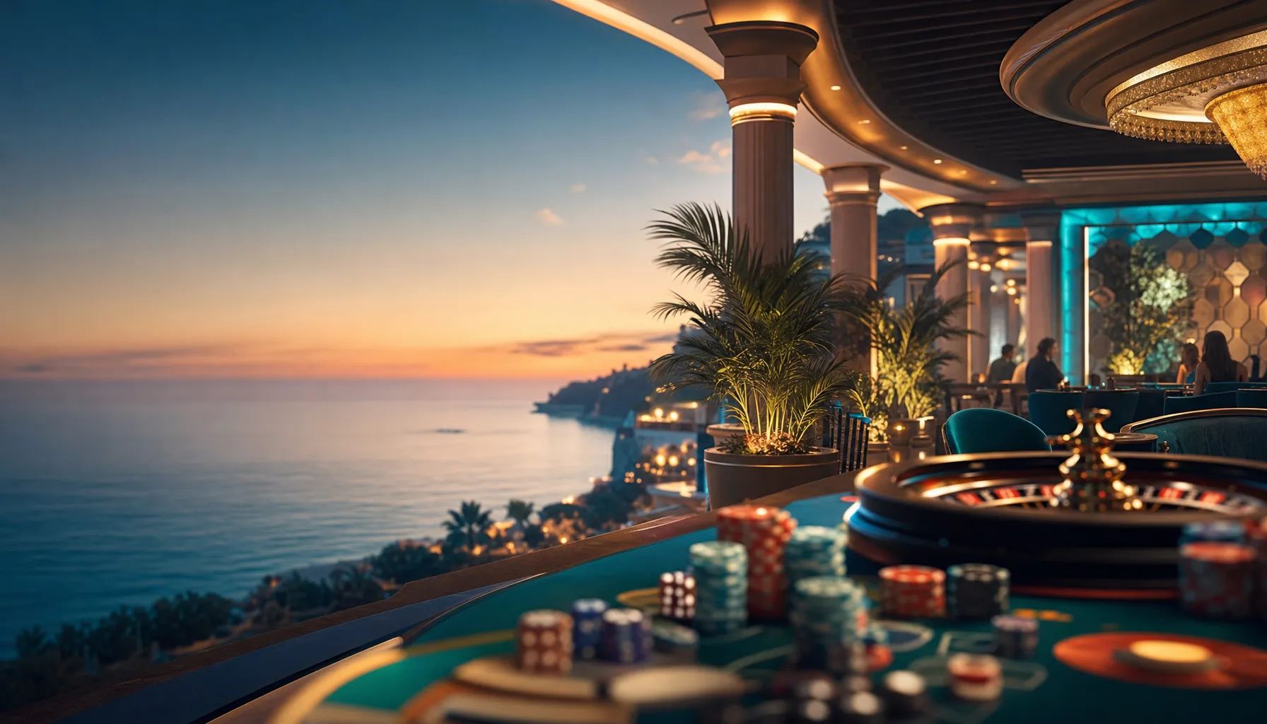 Cinematic hero banner of a luxurious tropical resort casino with golden chips, cards, and warm ambient lighting